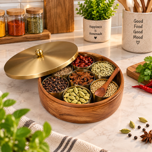 Boîte à épices en bois artisanale avec 7 récipients en acier inoxydable, bouton de couvercle en laiton et cuillère, rangement multifonctionnel pour épices et fruits secs - Product Image 1