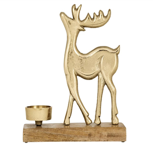 Porte-bougie de Noël en forme de renne, nouveau design, finition or et nickel, avec base en bois de manguier - Product Image 1