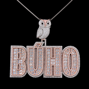Pendentif Lettre Personnalisé en Moissanite, Bijoux Hip Hop, Pendentif Hibou BUHO Plaqué Or 14K avec Diamants Baguette pour un Cadeau Spécial - Product Image 4