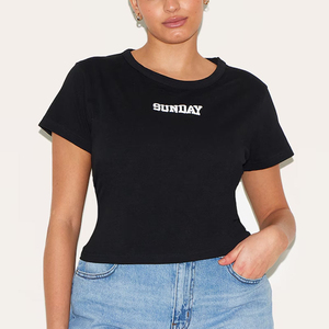 Camiseta de Manga Corta para Mujer, 100% Algodón, Cuello Redondo, Corte Ajustado, Estilo Casual, para Gimnasio, Entrenamiento, Verano, Transpirable, Color Negro - Product Image 3