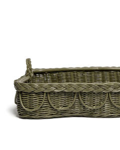Bandeja rectangular de ratán verde oliva, plato de servir de mimbre hecho a mano con elegante borde festoneado para decoración de mesa. - Product Image 4