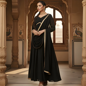 Ensemble Kurta et Dupatta Noir Uni Festif en Tissu Georgette avec Bordure en Dentelle, Manches Longues, Longueur Cheville, pour Grossistes - Product Image 1