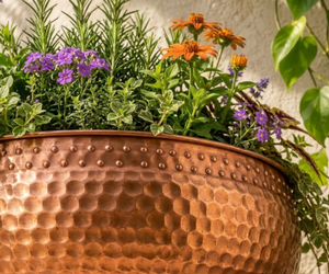 Handmade Rustic Metal Planter Round Copper <b>Vase</b> For Tabletop Floral Display Dotted border metal planter ornamental beaded edge - Product Image 1