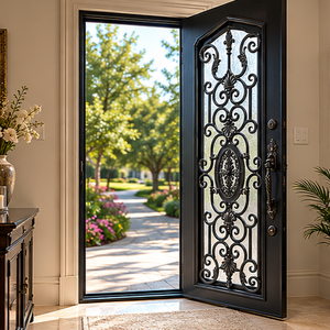Puerta de Entrada Individual de Hierro Forjado de Lujo con Vidrio Esmerilado Decorativo y Diseño de Entrada Personalizado para Villa - Product Image 3
