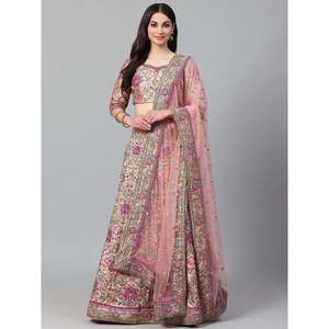 <b>Peach</b> Embroidered Silk Plus Size Lehenga Choli for Sangeet Wedding Wear - Product Image 1