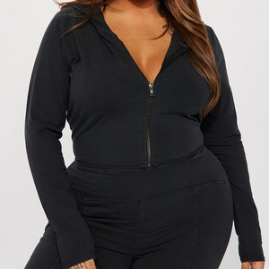 Women's Black Hooded 2-Piece Washed Set Long Sleeve Zipper <b>Top</b> Flare Pants Casual Knitted Outfit Spring/Summer 100% Cotton - Product Image 3