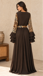 Vente en gros de robes Abaya pour femmes avec patchwork léopard, manches cloche, col rond, vêtements de soirée confortables - Product Image 3