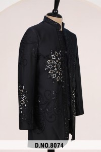 Traje Indo-Occidental Negro con Diseño Geométrico Mandala y Brillo Stardust, Base TR Lachko con Lentejuelas Doradas, para Novio - Product Image 5
