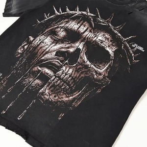 Camiseta negra extragrande para hombre con estampado de calavera y corona de espinas, camisa de algodón estilo punk de manga corta con cuello redondo - Product Image 3