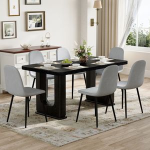 Elegante Set da Pranzo in Legno Nero 164 x 90 cm Abbinato a 6 Sedie in Lino Cotone Grigio Chiaro - Product Image 3