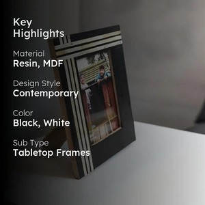 Modern Resin Photo <b>Frame</b> Rectangular Tabletop Vertical Handmade Black with Cream Stripes - Product Image 5