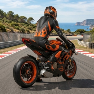 Flame Design Black Orange Leather Motorcycle Racing <b>Suit</b> <b>Men</b> One Piece Breathable <b>Waterproof</b> Protective Wear All Seasons Adult - Product Image 3