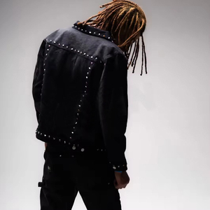Women Black Denim Tracksuit Full Sleeve Button Up <b>Jacket</b> And Pants <b>Rhinestone</b> Decorated Streetwear Set Autumn Wear - Product Image 5