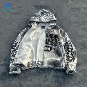 Conjunto de Sudadera con Capucha y Pantalones Deportivos para Hombre, Personalizado con Impresión DTG, Logotipo Gráfico, Corte Cuadrado, Efecto Desgastado, Algodón Grueso, Cierre de Cremallera - Product Image 3