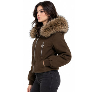 2027 Women's Brown Hooded Winter <b>Jacket</b> With Faux Fur Collar Zipper Front Casual Short Style Hoodie - Product Image 5