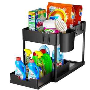 Estante de Almacenamiento Plegable de 2 Niveles, Multifuncional, Cuadrado, con Cajón Deslizante y Ganchos Laterales para Fregadero, Baño y Artículos de Limpieza - Product Image 1