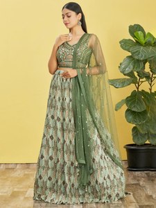 Green Floral Embroidered Chiffon Lehenga Set Sleeveless Crop <b>Top</b> Natural Waist A-Line Pleated Skirt Net Dupatta Banquet <b>Wedding</b> - Product Image 3