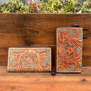 Sculpture à la main usiné portefeuille pochette coque de téléphone élégant multi-usages portefeuilles en cuir occidental couleur Turquoise portefeuille pour les femmes - Product Image 3