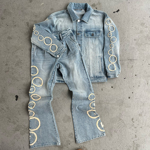 Custom Acid Wash Denim Suit Clothing Embroidery <b>Rhinestone</b> Jeans Pants and Denim <b>Jacket</b> Set Tracksuit for Men - Product Image 2