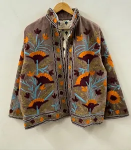 <b>Women</b> Vintage Brown Velvet <b>Jacket</b> Hand Embroidered Floral Suzani Open Front Winter Coat Festive Partywear Cardigan Outerwear - Product Image 1