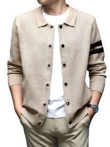 Cardigan d'hiver respirant pour homme, uni, à boutons, à manches longues, col à revers, en maille, avec logo frontal, polyester/coton - Product Image 4