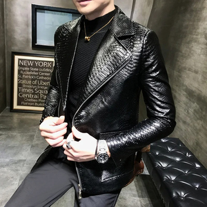 Veste en cuir PU noir pour homme, style motard, effet crocodile, col rabattu, fermeture éclair, coupe ajustée, pour l'automne - Product Image 4