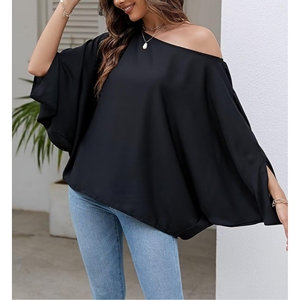 เสื้อเบลาส์ผ้าชีฟองทรงหลวมของผู้หญิงตกแต่งด้วยลูกไม้ปักลายเสื้อโชว์ไหล่แขนทรงปีกค้างคาวลำลองสำหรับฤดูใบไม้ผลิ - Product Image 3