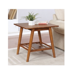 Table d'appoint carrée en bois à 2 niveaux avec plateau en rotin, table d'appoint avec coins arrondis et pieds décoratifs, style mid-century - Product Image 2