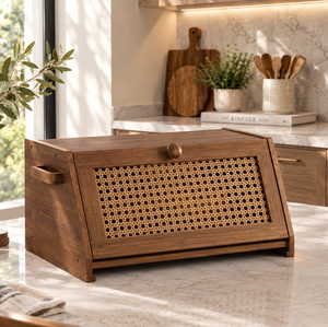 Boîte à pain en bois rectangulaire au design minimaliste, conteneur de rangement respirant pour aliments, 1 couche, finition naturelle - Product Image 1