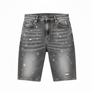 Men's Summer Casual Denim Shorts Solid Color <b>Washed</b> Rhinestone Embellishment Custom Logo Loose Fit Elastic Waist Latest Design - Product Image 1
