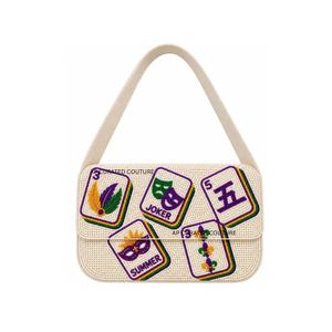 Sac à bandoulière brodé à la main avec perles de verre, style tuiles de Mahjong Mardi Gras, design personnalisé fait main, pour carnaval et festival - Product Image 1