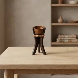Brûleur d'encens rustique en bois, bol lisse, support trépied noir, accent en corde tressée, décoration d'intérieur chic et esthétique pour l'aromathérapie - Product Image 5