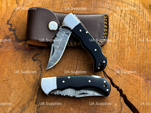 UA Supplies Handmade Damascus Steel Hunting Folding Knife Wood Handle Clip Point Blade Slide Open Mechanism Razor Sharp OEM - Product Image 3