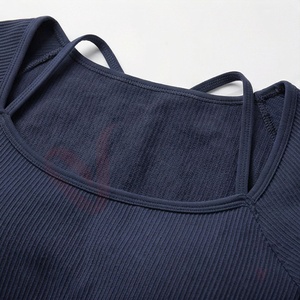 Women Navy Blue Ribbed Long Sleeve Crop Top High Waist Shorts Yoga 2 Piece <b>Set</b> <b>Square</b> Neck Spaghetti Strap - Product Image 4