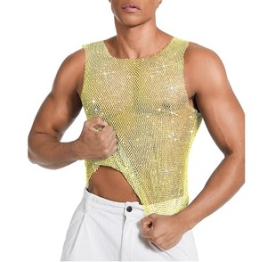 Custom Logo Men's Streetwear <b>Mesh</b> T-Shirt <b>Mesh</b> Men Boxy <b>Cropped</b> Rhinestone Jersey <b>Mesh</b> Sleeveless T shirt for Mens - Product Image 2