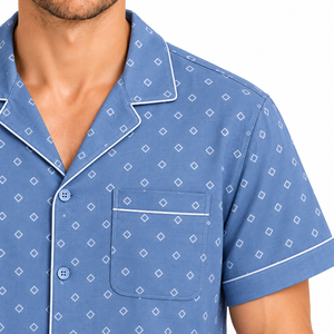 Ensemble de pyjama tissé géométrique pour homme, manches courtes, boutonné, vêtements de nuit d'été frais, short de détente assorti, bleu, tenue de nuit - Product Image 5