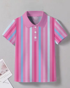 Pink Blue White Striped Short Sleeve Polo Shirt for Boys Casual Woven Collar Design Polyester/Cotton Jersey Breathable - Product Image 3