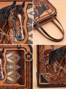 Vintage <b>Hand</b>-Carry <b>Mini</b> Bag with Horse Embroidery and Tribal Pattern Clasp Closure Large Capacity Cotton Lining All Seasons - Product Image 3