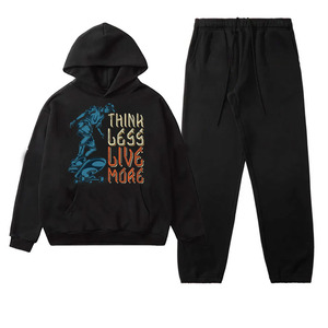 Ensemble sweat à capuche et jogging en molleton de coton noir pour homme, imprimé Think Less Live More, tenue décontractée pour l'automne - Product Image 1