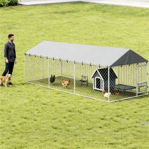 Caseta para Perros de Exterior con Jaula y Gallinero Integrado para Comederos de Animales - Product Image 1