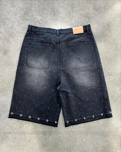 Shorts en jean personnalisés taille haute pour homme, style streetwear Y2K, amples, vintage, délavés, avec strass et cristaux - Product Image 5