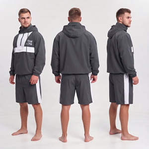 Ensemble de survêtement court coupe-vent streetwear pour homme 100 % nylon avec fermeture éclair 3/4, capuche, léger, coupe-vent, séchage rapide, short de pluie pour la randonnée - Product Image 4
