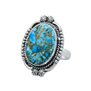 Bague en argent massif 925 fait main, incrustation de turquoise naturelle en cuivre de formes variées, sertie dans un cadre, estampillée à la main - Product Image 5