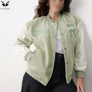 New Arrival Green White Full Sleeve Crew Neck Button Closure Letter R <b>Patch</b> Design Autumn Regular Length Women Varsity <b>Jackets</b> - Product Image 5