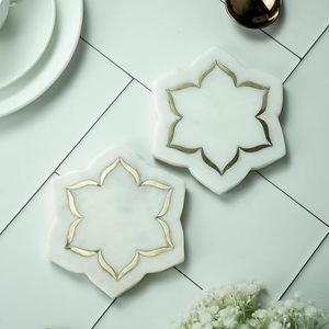 White <b>Marble</b> <b>Coaster</b> Set of 2 with Brass Inlay Handmade Round Drink <b>Coasters</b> for Coffee Table Dining Home Decor - Product Image 2