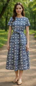 Hermoso Vestido Maxi de Algodón con Cuello Hecho a Mano en Jaipur, Color Azul Índigo, con Estampado Floral, Mangas Cortas Elegantes, Cinturón, Ecológico y Natural - Product Image 1