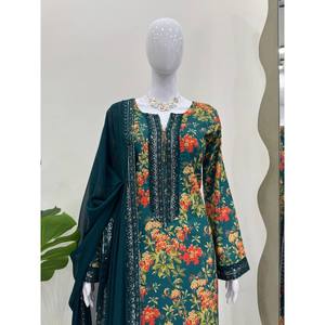 Designer Green Rayon Salwar Kameez with Digital Printing-Party Wear <b>Top</b>-Bottom and Beautiful Dupatta Size XL - Product Image 1