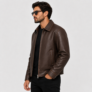 Blouson aviateur en cuir marron pour homme, cuir véritable de qualité supérieure, fermeture éclair sur le devant, style vintage, blouson de motard - Product Image 2