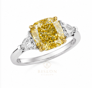 Luxurious three stone ring in 18K white gold with fancy yellow cushion diamond trillion side diamonds sleek minimal couture desi - Product Image 2