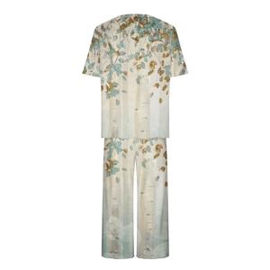 Pijama con estampado floral para mujer, camisa de manga corta con cuello redondo, 95% poliéster, 5% elastano, ropa de dormir informal, cintura elástica, ropa de verano de secado rápido - Product Image 2